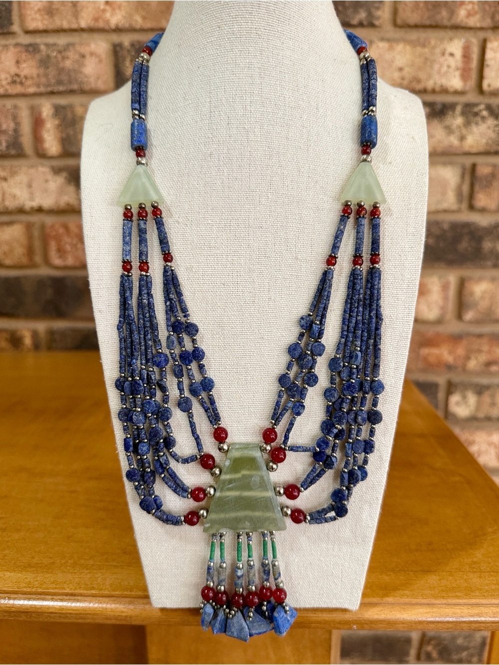 Natural Gem Lapis Jade Carnelian & Silver beaded Ethnic Style Statement Necklace